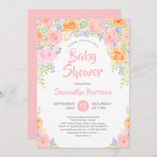 Invitation Baby shower Rose Roses Aquarelle Floral Girl (Devant / Derrière)