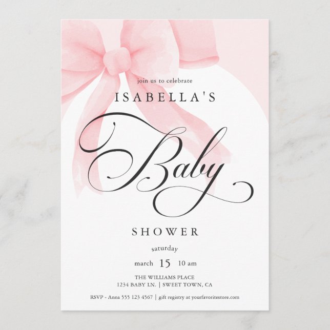 Invitation Baby Shower Rose Ruban Écriture Élégante (Devant)