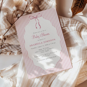 Invitation Baby Shower Rose Ruban Rayé Doux