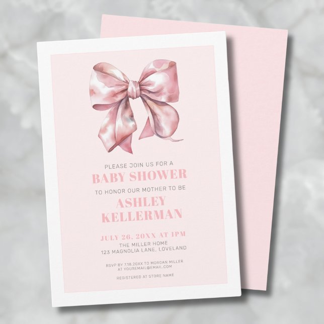 Invitation Baby Shower Rose Rubis Nœud Papillon (Watercolor Pink Bow Baby Shower Invitation)