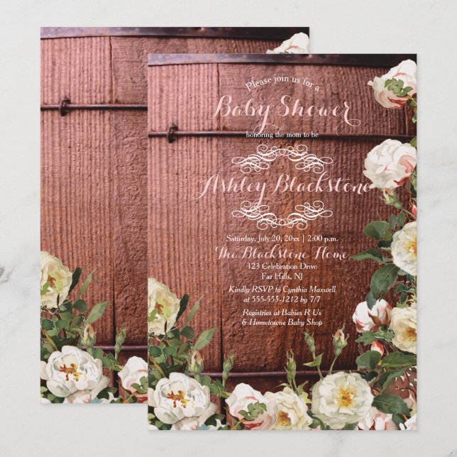 Invitation Baby shower Rose Rustic Country Wood Scotch (Devant / Derrière)