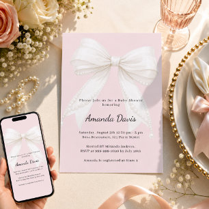 Invitation Baby Shower rose saumon ivoire avec noeud