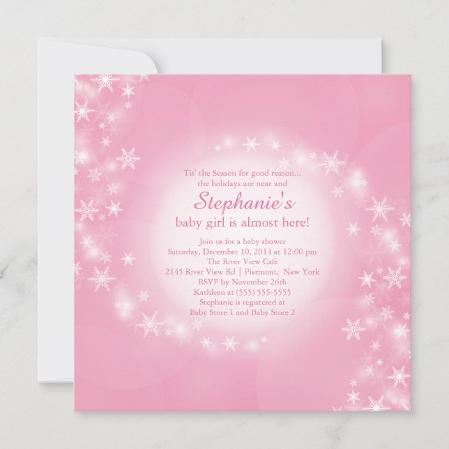 Invitation Baby shower rose Snowflakes hiver (Devant)
