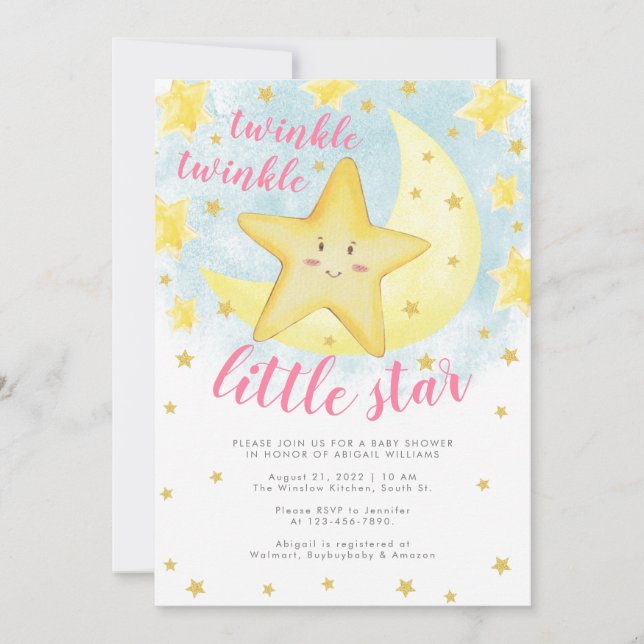 Invitation Baby shower rose souriant or Twinkle Little Star (Devant)