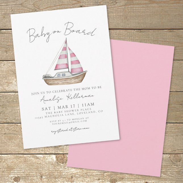 Invitation Baby shower rose sur le thème de la marine (Pink Nautical Baby Shower Invitation)