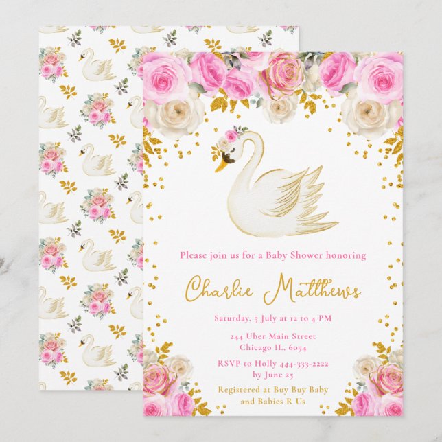 Invitation Baby shower Rose Swan Pink et Gold (Devant / Derrière)
