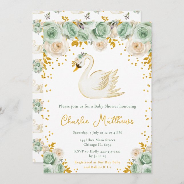 Invitation Baby shower Rose Swan Sage Green et Gold (Devant / Derrière)