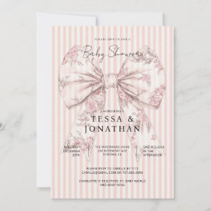 Invitation Baby Shower Rose Toile De Jouy Ruban Rayures