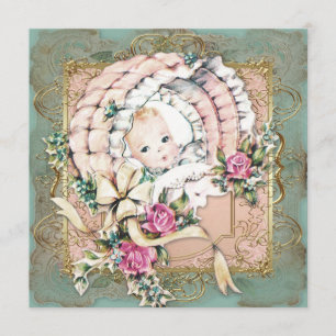 Invitation Baby shower rose Turquoise bleu et or Vintage fill
