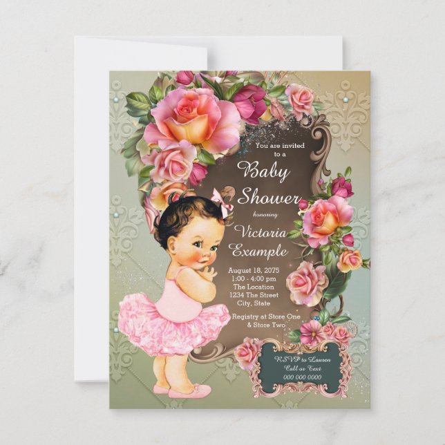 Invitation Baby shower Rose Tutu rose (Devant)