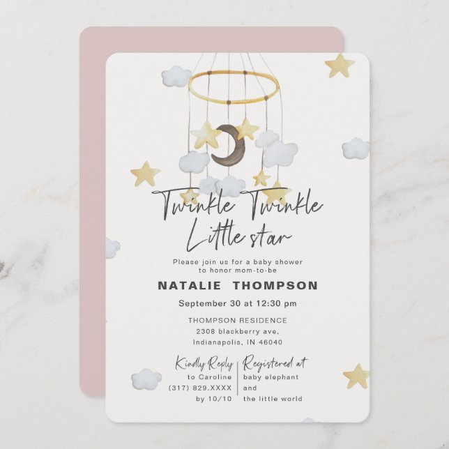 Invitation Baby shower rose Twinkle Little Star (Devant / Derrière)