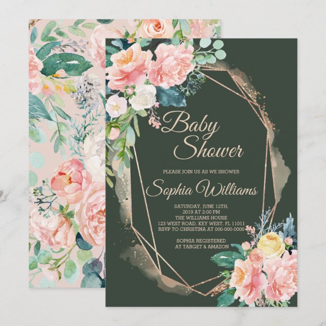Invitation Baby shower rose, vert foncé et or (Devant / Derrière)