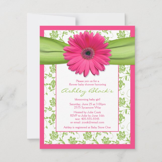 Invitation Baby shower rose vert Gerbera Daisy (Devant)