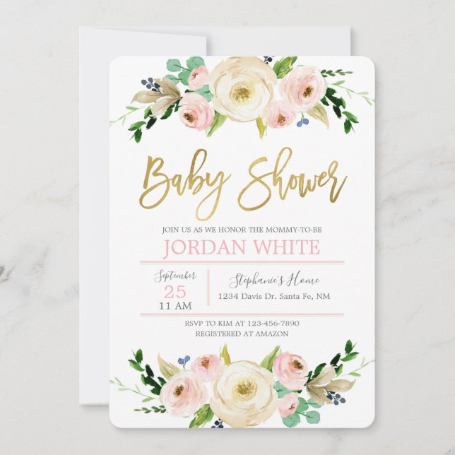 Invitation Baby shower rose vif (Devant)