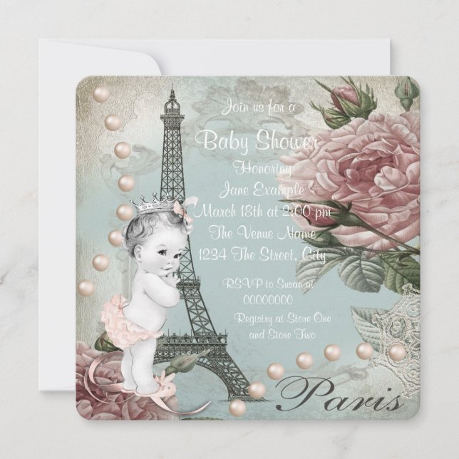 Invitation Baby Shower Rose Vintage à Paris (Devant)
