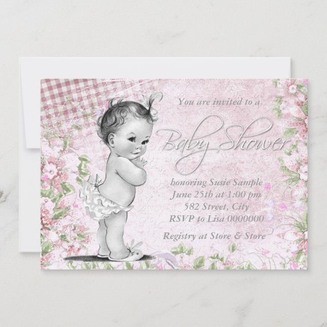 Invitation Baby shower rose Vintage adorable (Devant)