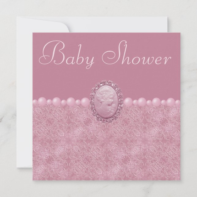 Invitation Baby shower rose Vintage Cameo & Pearls (Devant)