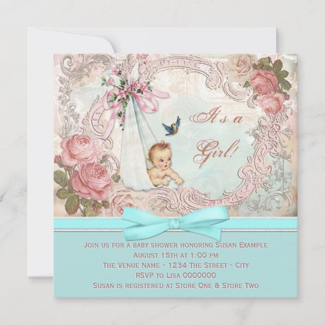 Invitation Baby shower rose vintage et bleu Turquoise (Devant)