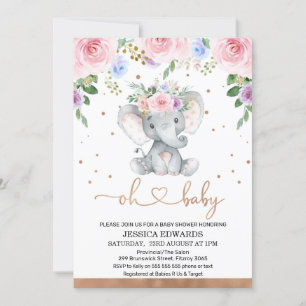 Invitation Baby shower rose violet bleu Floral Elephant