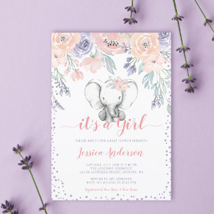 Invitation Baby shower rose violet floral éléphant fille