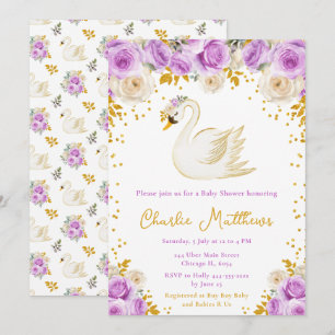 Invitation Baby Shower Rose Violette et Or de Cygne