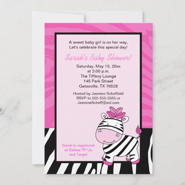 Invitation Baby shower rose Zebra 5x7 (Devant)