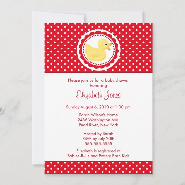 Invitation Baby shower rouge de canard de pois (Devant)