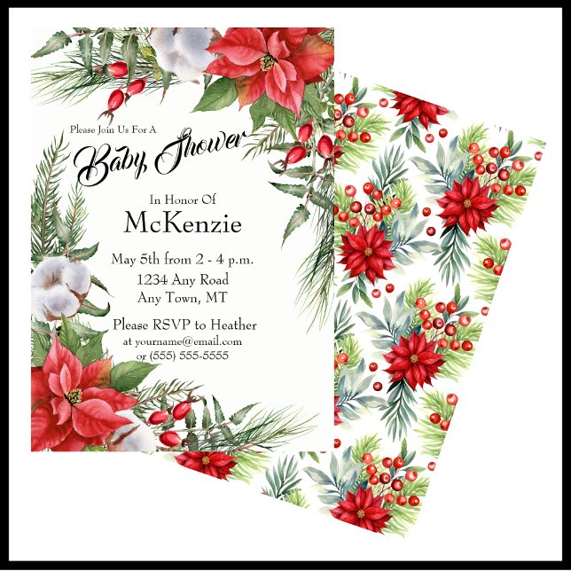 Invitation Baby shower rouge et vert de Noël Poinsettia (Elegant Christmas Baby Shower Invite Featuring Red Poinsettias, Cotton Blooms, and Greenery)