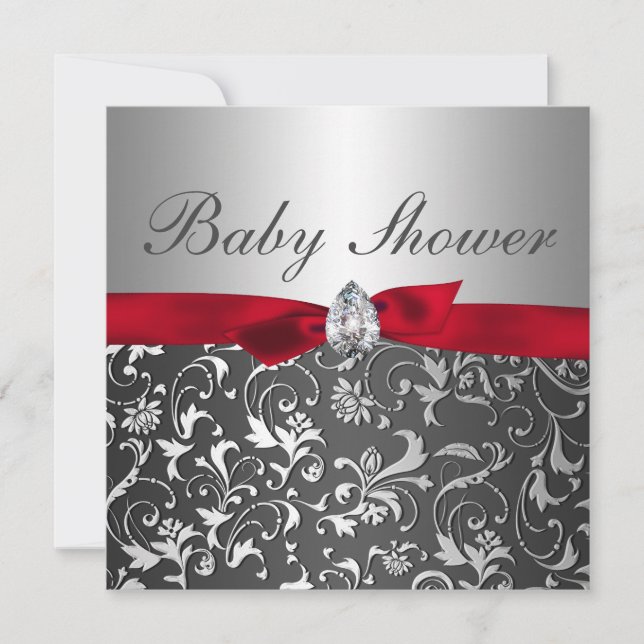 Invitation Baby shower rouge noir de Flourish d'argent de (Devant)