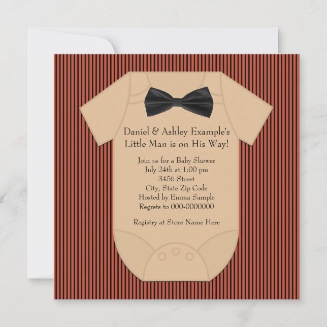 Invitation Baby Shower Rouge Noir et Marron à Rayures fines (Devant)