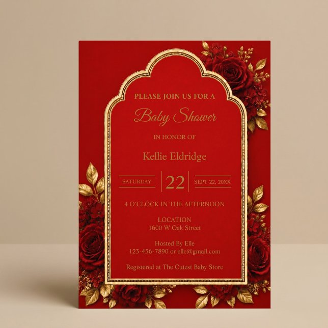 Invitation Baby-Shower Rouge & Or Floral (Créateur téléchargé)