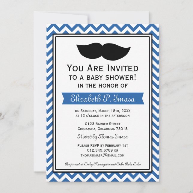 Invitation Baby shower Royal Blue Boy Mustache Chevron (Devant)