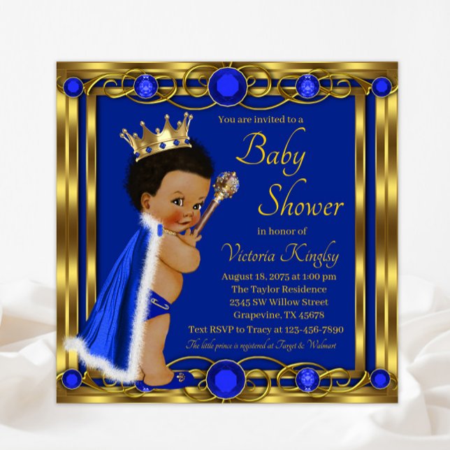 Invitation Baby shower Royal Blue Gold Afro Prince (Créateur téléchargé)