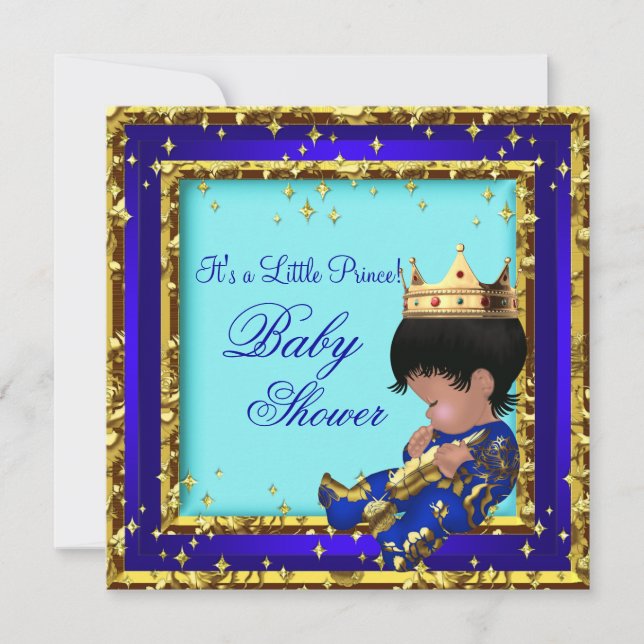 Invitation Baby shower Royal Blue Gold Boy couronne prince St (Devant)