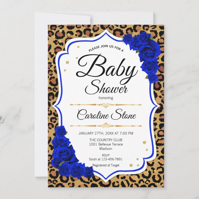 Invitation Baby shower - Royal Blue Gold Empreinte de léopard (Devant)