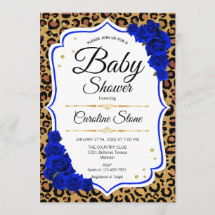 Invitation Baby shower - Royal Blue Gold Empreinte de léopard