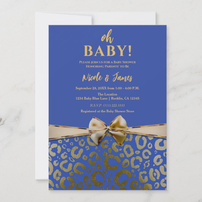 Invitation Baby Shower Royal Blue & Or Glamour Imprimé Léopar (Devant)