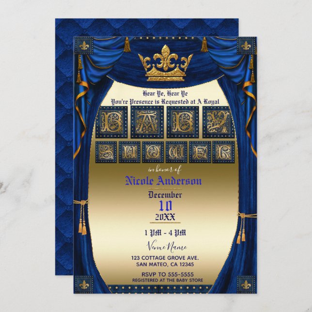 Invitation Baby shower Royal Crown Blue & Gold Prince (Devant / Derrière)