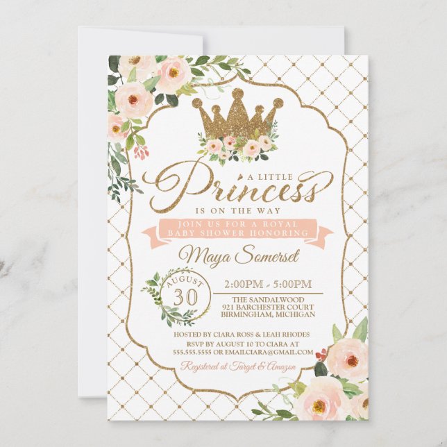 Invitation Baby shower Royal Floral Little Princess Gold (Devant)