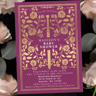 Invitation Baby shower Royal Médiéval Rose Gold Sword Girl