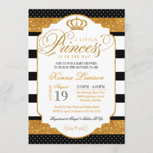 Invitation Baby shower Royal Princess Black White Stripe Gold