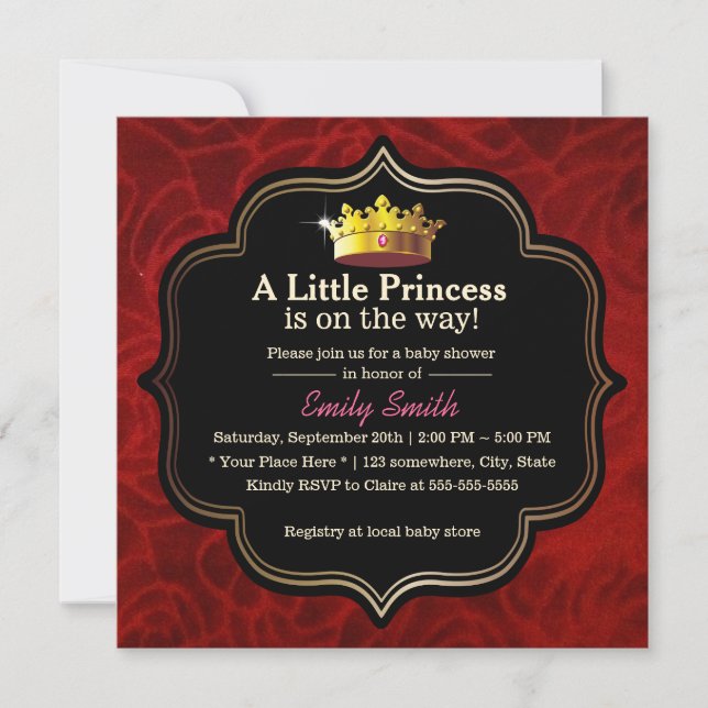 Invitation Baby shower Royal Red Velvet Little Princess Crown (Devant)