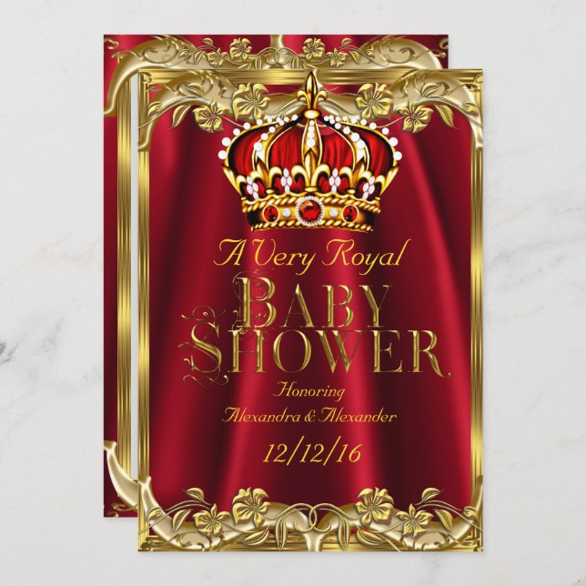 Invitation Baby shower Royal Regal Red Gold Crown (Devant / Derrière)