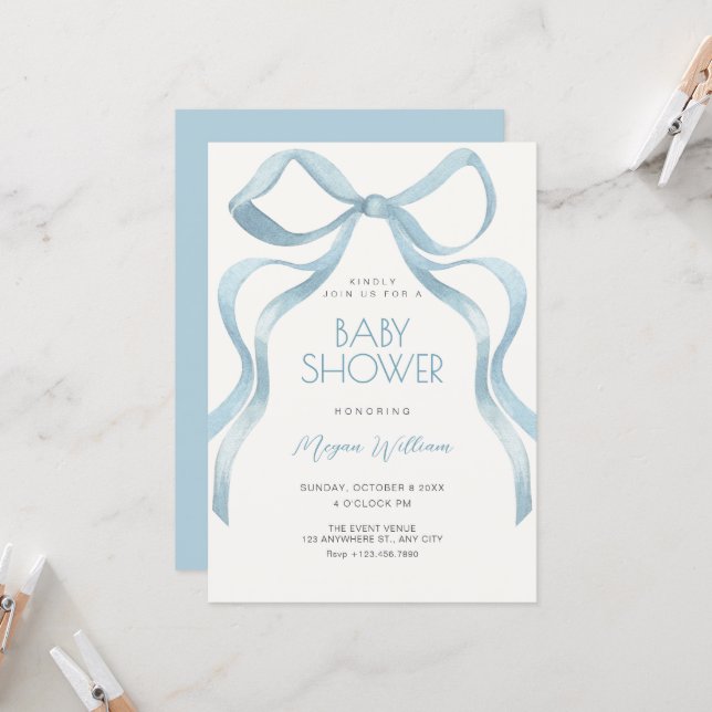 Invitation Baby shower ruban à noeud papillon bleu (Devant/Arrière en situation)