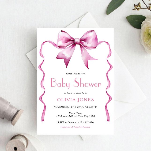 Invitation Baby Shower ruban à noeud papillon rose (Créateur téléchargé)