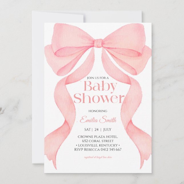 Invitation Baby shower ruban à nœud rose  (Devant)