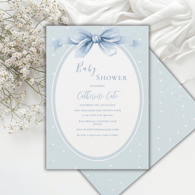 Invitation Baby Shower Ruban à pois Bleu Blanc (Créateur téléchargé)