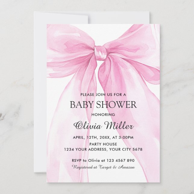 Invitation Baby Shower Ruban Arc-en-ciel Rose (Devant)