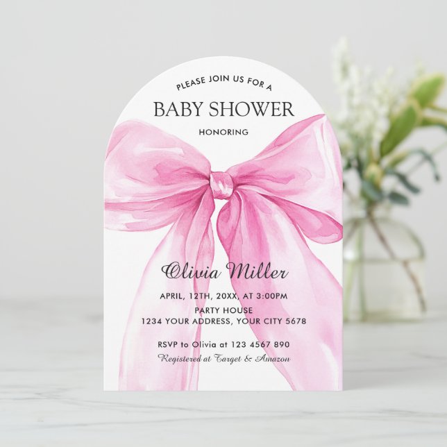 Invitation Baby Shower Ruban Arc-en-ciel Rose (Debout devant)