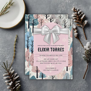 Invitation Baby Shower Ruban Blanc Forêt d'Hiver Flocons de N